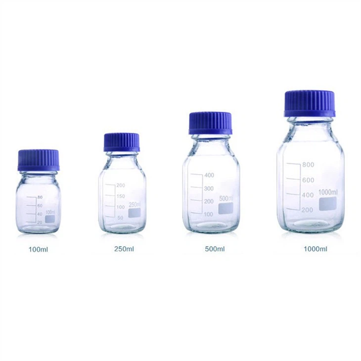 Kjemisk glassvare gradert borosilikat 250 ml 500 ml 1000 ml glassreagensmedieflaske med blå skruehett